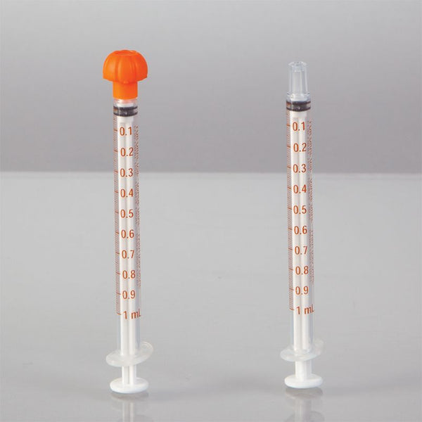 Oral Dispensers with Tip Caps, 1mL, Clear/Orange Markings, 100 Pack