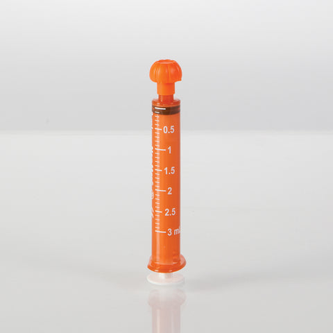 Oral Dispensers with Tip Caps, 3mL, Amber/White Markings, 25 Pack