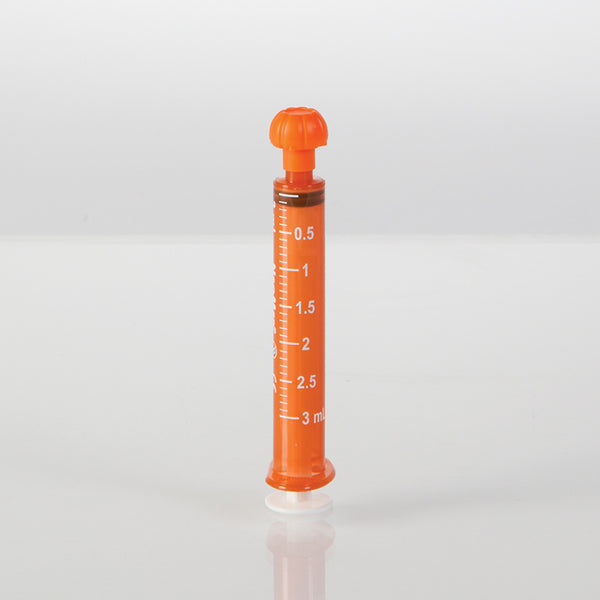 Oral Dispensers with Tip Caps, 3mL, Amber/White Markings