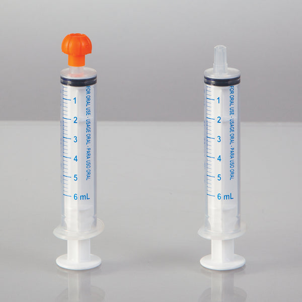 Oral Dispensers with Tip Caps, 6mL, Clear/Blue Markings, 25 Pack