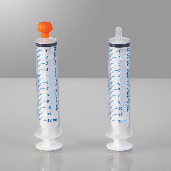 Oral Dispensers with Tip Caps, 12mL, Clear/Blue Markings, 100 Pack