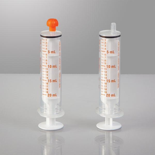 Oral Dispensers with Tip Caps, 20mL, Clear/Orange Markings, 100 Pack