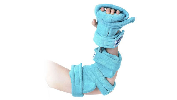 Pediatric Spring-Loaded Goniometer Elbow and Hand Roll Orthosis, Terrycloth, Turquoise, Medium