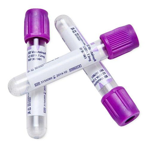 Vacutainer Blood Collection Tube with K3 EDTA, Glass, Sterile, Lavender Closure, 13 x 100 mm, 7 mL, 6 mg