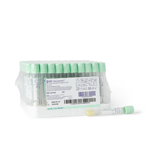 Vacutainer Plasma Separation Tube, Plastic, Light Green Hemogard Closure, Paper Label, 13 x 100 mm, 4.5 mL