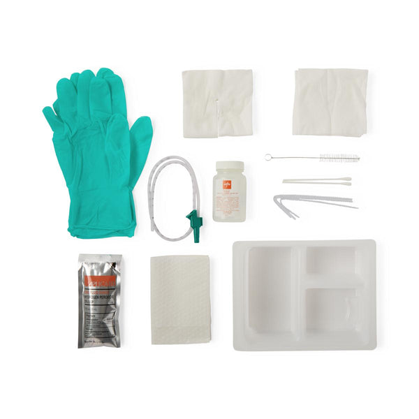 3 Compartment Tray with (2) Aloe Touch Gloves, (1) Drape, (3) Pipe Cleaners, (3) 4x4s, (2) Cotton-Tip Applicators, (1) Brush, (1) Trach Dressing, (1) Hydrogen Peroxide, (1) 100 mL Saline and (1) 14 Fr Whistle Tip Suction Catheter