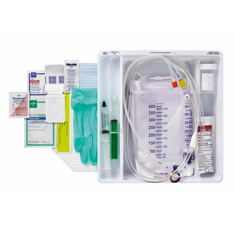 Total One-Layer Tray with 400 mL Urine Meter, 2, 500 mL Drain Bag, with Metal-Free Drainage Port and 100% Temperature-Sensing Silicone Foley Catheter, 16 Fr, 10 mL, Peri Wipe