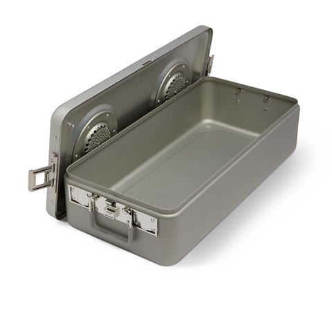 Steriset Sterilization Container, Full-Size, Flat Bottom, Aluminum Lid, Gray Handle, 23.5